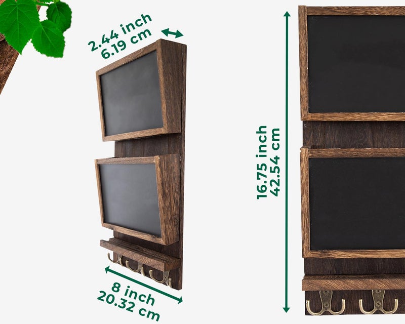 Comfify Rustic 2-Slot Mail Sorter Organizer for Wall with Chalkboard Surface & 3 Double Key Hooks - Wooden Wall Mount Mail Holder Organizer â€“ Entryway Made of Paulownia Wood - Torched Brown - Image 3